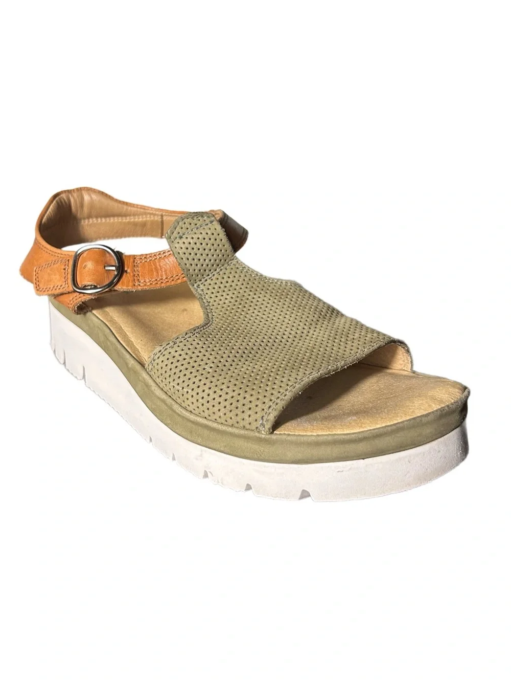 Samuel Hubbard Sandals Size 8.5 Portola T Strap Olive Green Tan Leather Platform